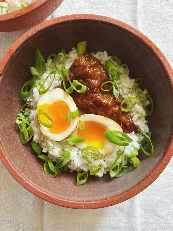 Rice Bowls with Smoked Mackerel, Soy Marinated Eggs and Green Onion