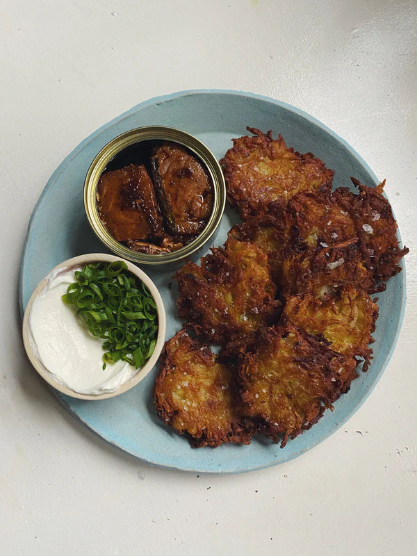 Chili Crisp Salmon Latkes with Scallions