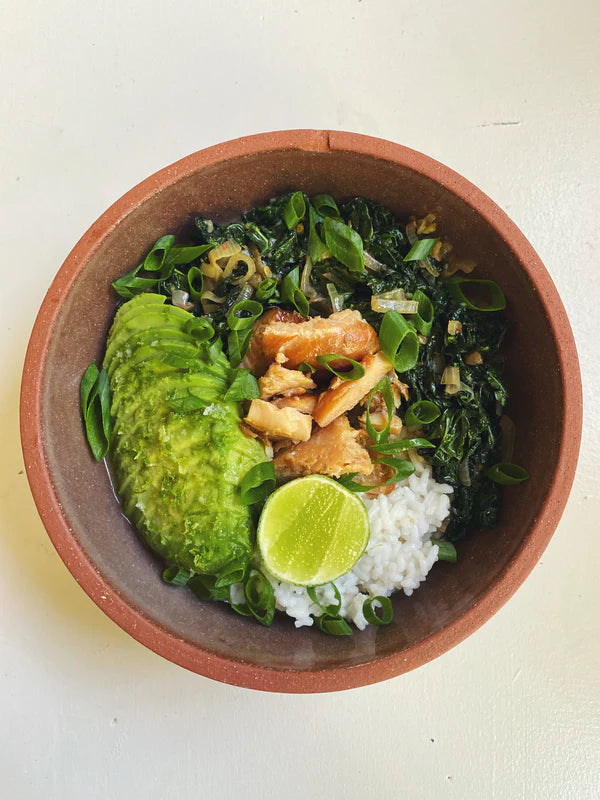 Rainbow Trout Rice Bowl with Omsom's Krapow Braised Kale