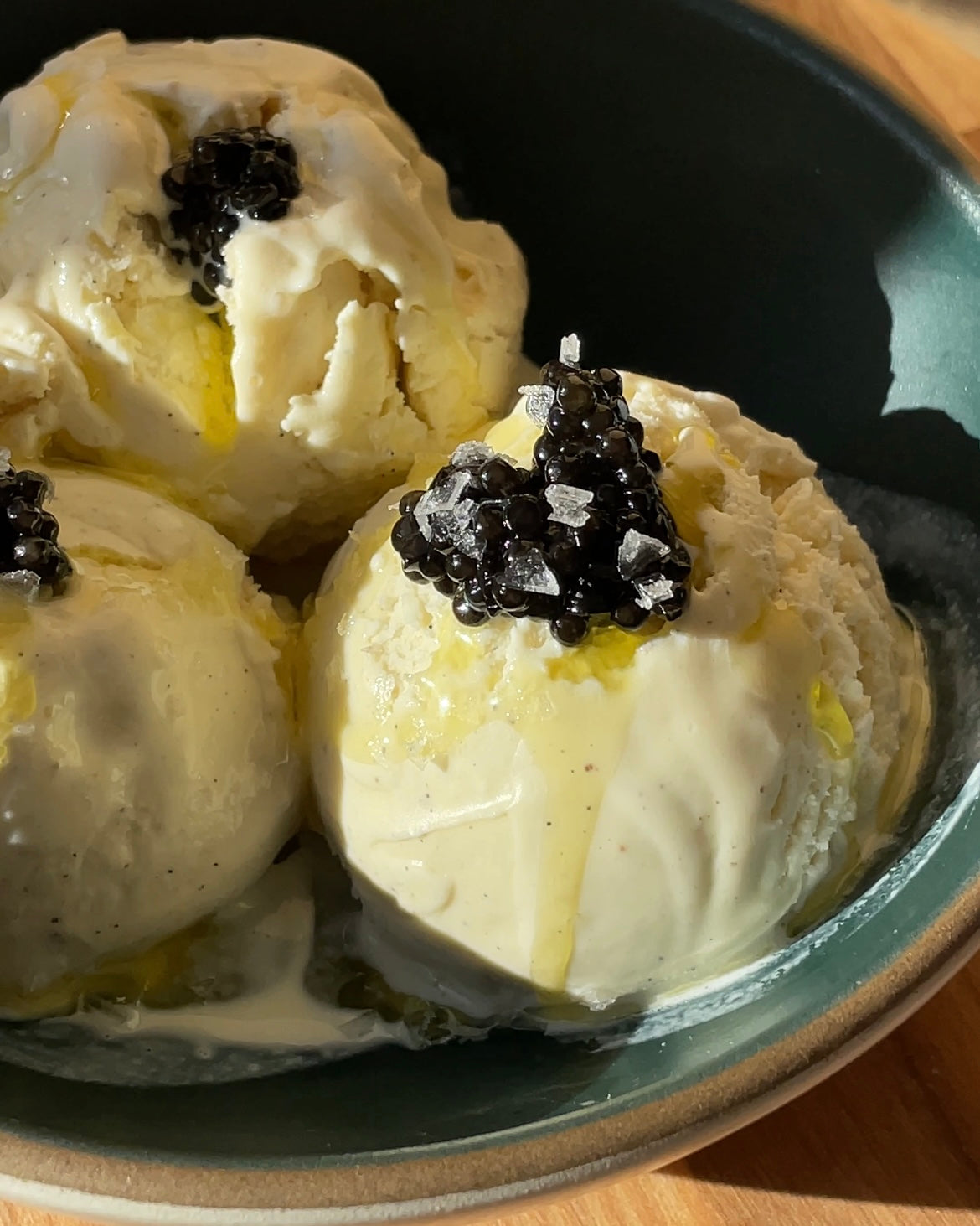 Vanilla Bean Ice Cream with Olive Oil and Caviar