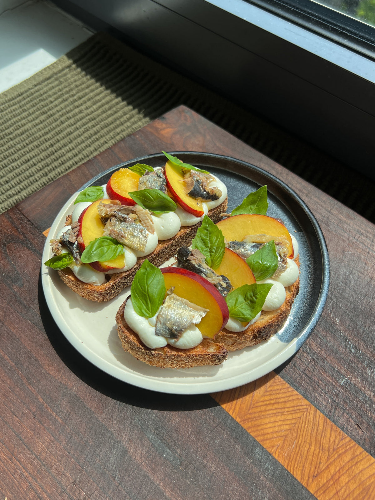 Whipped Ricotta Toast with Sardines, Peaches, Basil and Balsamic Vinegar