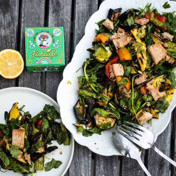 Grilled Veggie Salad with Smoked Trout